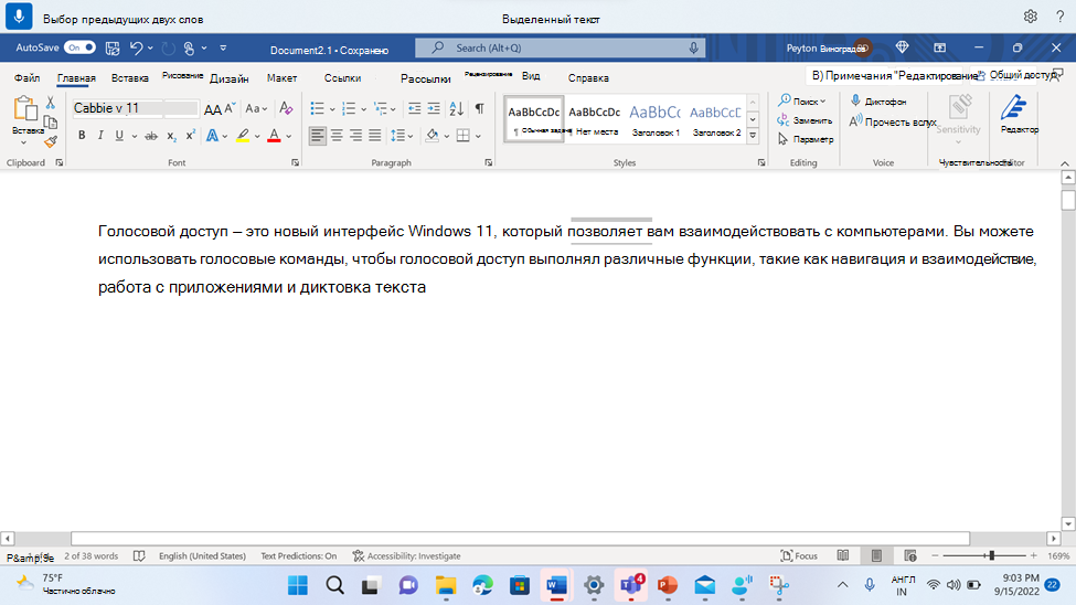 Word документ с командой голосового доступа для выбора двух предыдущих слов.
