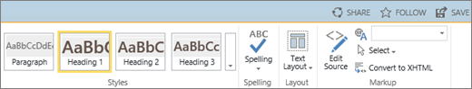 Снимок экрана: раздел ленты SharePoint Online с командами 