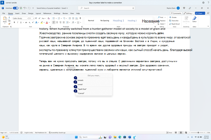 Текстовый документ, в котором отображается окно исправлений с кандидатами для фрагментов текста.