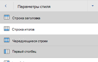 меню параметров стиля таблицы Word для Android