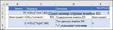 Примеры использования функции CELL