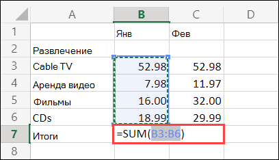 Ячейка автосуммирования в Excel в Интернете