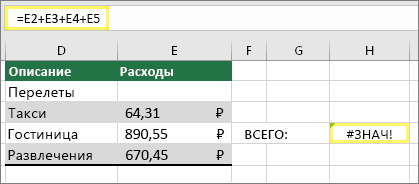 Ячейка H4 с =E2+E3+E4+E5 и результатом #VALUE!