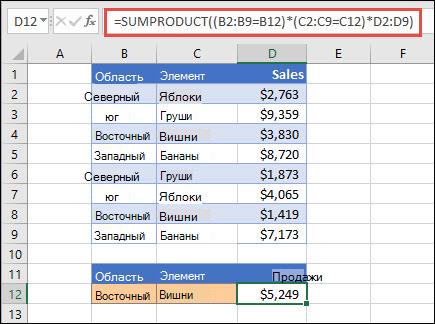 Экзамен по использованию SUMPRODUCT для возврата суммы элементов по регионам. В этом случае количество вишни, проданных в восточном регионе.