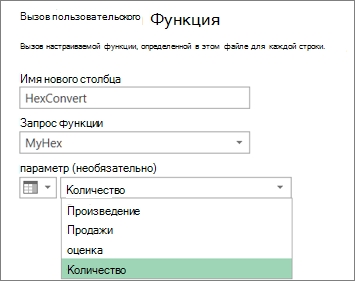 Диалоговое окно вызова настраиваемой функции
