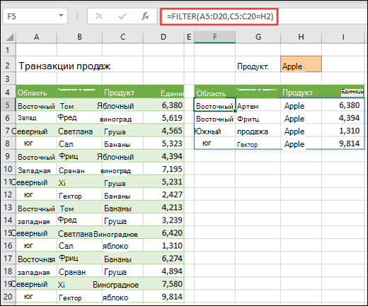 Функция ФИЛЬТР: фильтрация по региону и продукту (яблоко)
