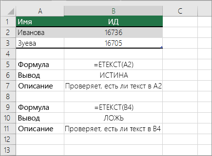 Примеры функции ЕТЕКСТ