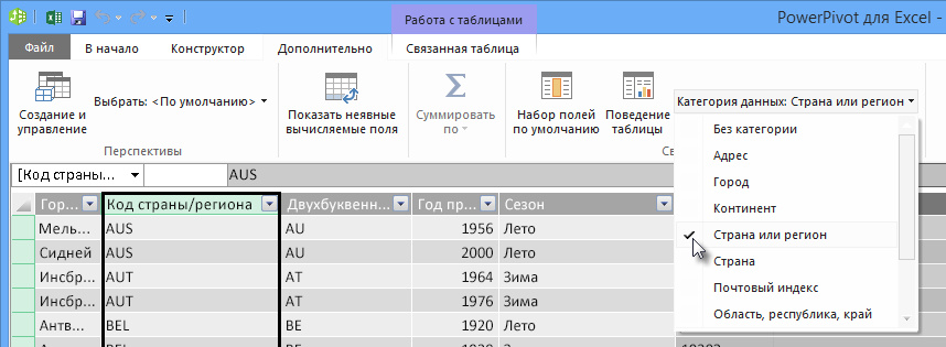 Категории данных в Power Pivot
