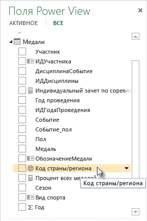Значок географического местоположения в полях Power View