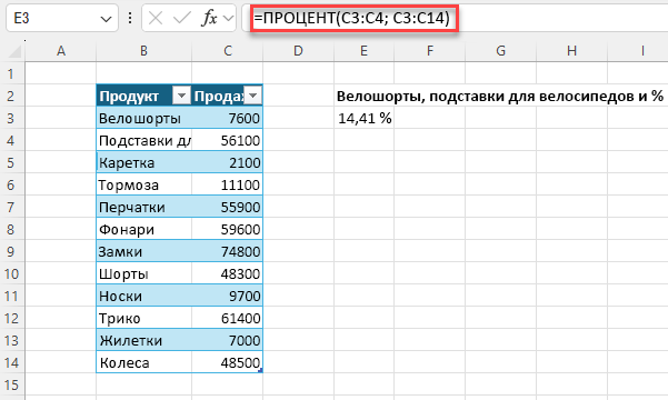 =PERCENTOF(C3:C4;C3:C14)