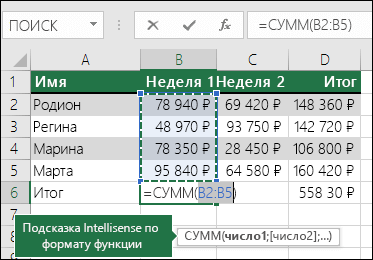 В ячейке B6 показана формула автосуммирования =СУММ(B2:B5)