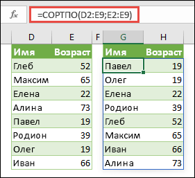 Используйте SORTBY для сортировки диапазона. В этом случае мы использовали =SORTBY(D2:E9,E2:E9) для сортировки списка имен людей по их возрасту в порядке возрастания.