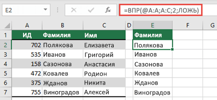 Используйте оператор @ и скопируйте: =ВПР(@A:A;A:C;2;ЛОЖЬ). Этот стиль ссылки работает в таблицах, но не возвращает динамический массив.