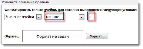 Окно изменения правила условного форматирования