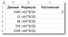 Числа в столбце A, формула в столбце B с символами $ и число 3 в столбце C