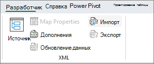Команды XML на вкладке 