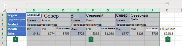 Структура столбцов в Excel Online