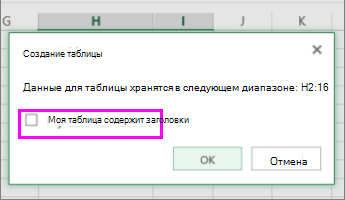 Диалоговое окно для преобразования диапазона данных в таблицу