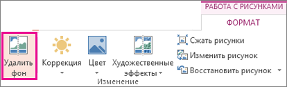 Кнопка ''Удалить фон'' в группе ''Изменить'' на вкладке ''Формат'' панели ''Работа с рисунками''