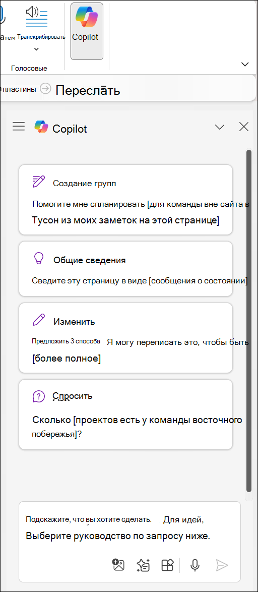 Область Copilot в OneNote в правой части страницы.