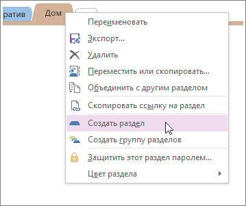 Добавление нового раздела в OneNote.