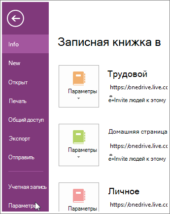 Параметры OneNote