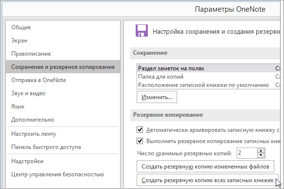 Screenshot of the OneNote Options dialog box in OneNote 2016.