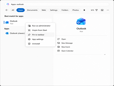 Снимок экрана: Outlook в меню 