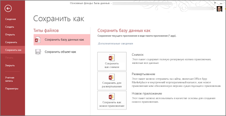 Доступные варианты сохранения базы данных на экране 