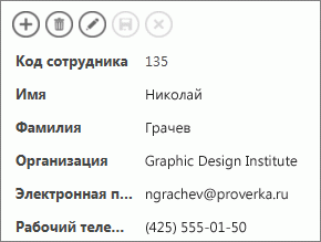 Частичный вид представления с подробными сведениями о сотруднике.