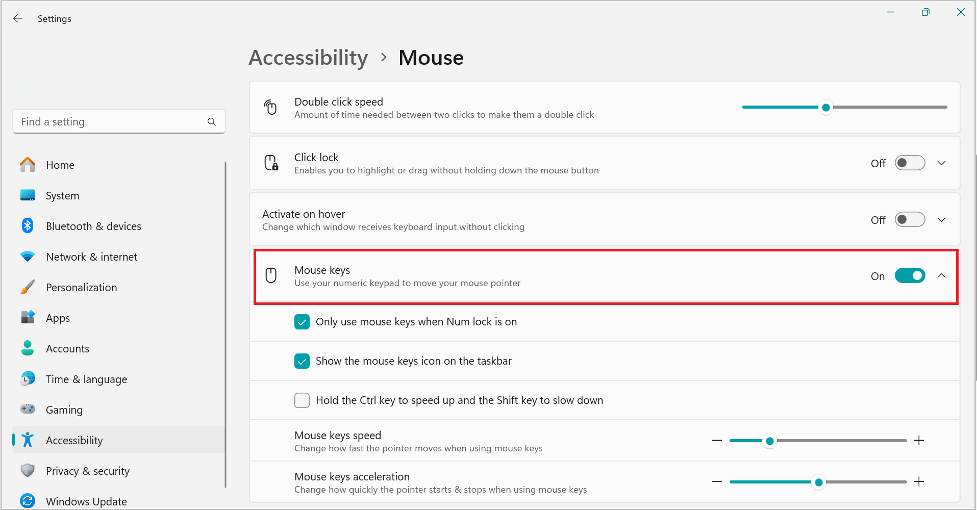Снимок экрана: включение Windows11Mousekeys