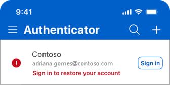 Снимок экрана: Microsoft Authenticator с сообщением о входе для восстановления учетной записи