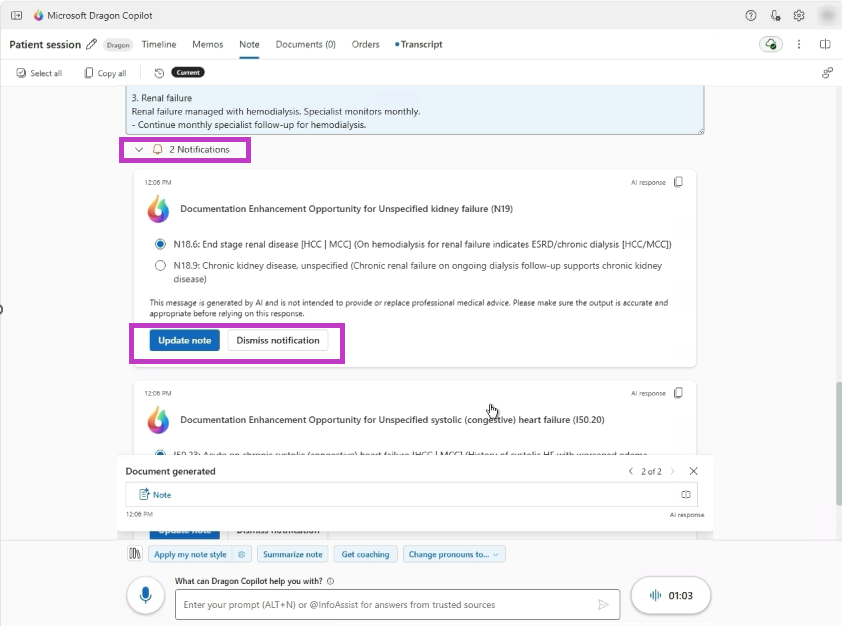 Screenshot of the Assessment and Plan section showing a notification with a diagnosis specificity suggestion and Update note and Dismiss notification options.