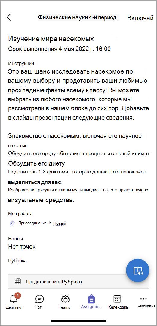 Снимок экрана: что видят учащиеся при отправке задания в мобильных командах.