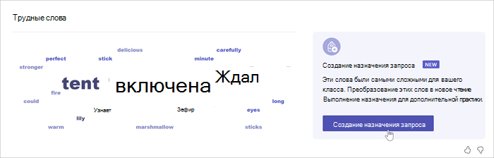 Снимок экрана, на котором показано облако слов, показано, какие слова учащиеся неправильно читают больше всего. Чем больше слово, тем больше раз учащиеся делали ошибку. указатель мыши наносит на слово заметное, а всплывающее окно показывает, что слово было пропущено 52 раза.