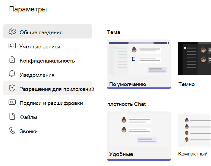 Снимок экрана: параметры Teams из профиля учащегося. Разрешения приложения выделены.
