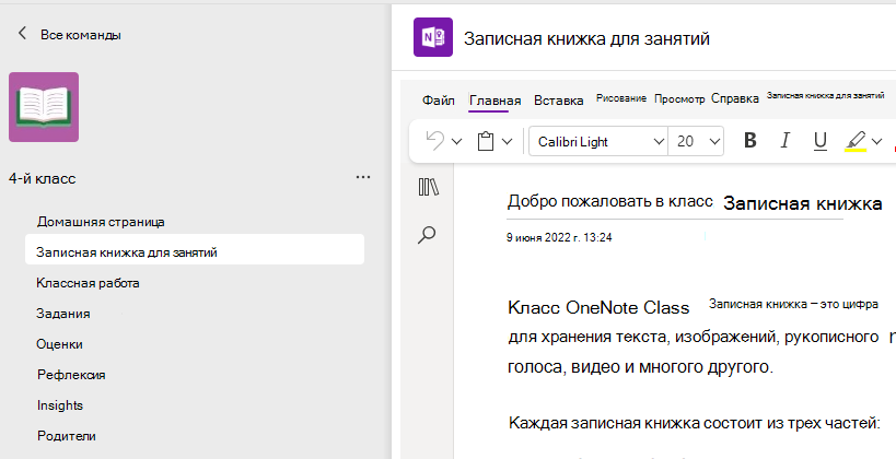 Снимок экрана: настройка записной книжки для занятий.