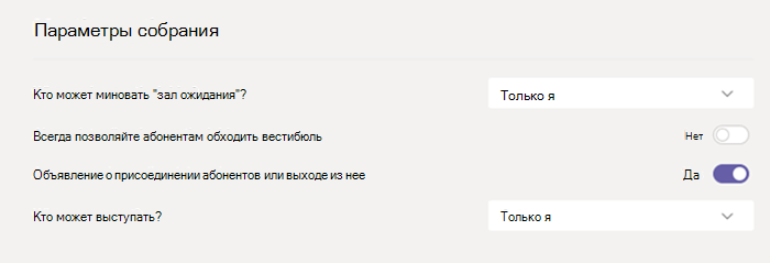 Параметры собрания в Teams.