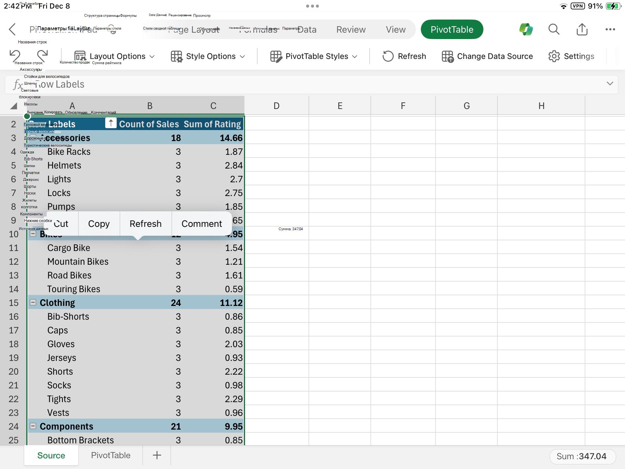 Cut PivotTable на iPad