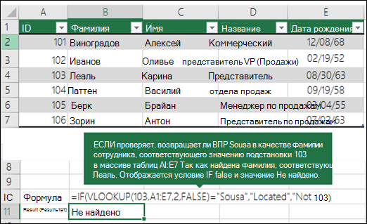 =IF(VLOOKUP(103;A1:E7;2;FALSE)=Souse,Located,Not found) IF проверяет, возвращает ли ВПР Sousa в качестве фамилии сотрудника correspoinding до 103 (lookup_value) в A1:E7 (table_array). Так как фамилия, соответствующая 103, — Leal, условие IF имеет значение false, а не найдено отображается.
