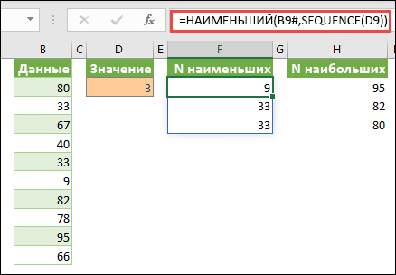 Формула массива Excel для поиска n-го наименьшего значения: =НАИМЕНЬШИЙ(B9#,ПОСЛЕД(D9))