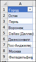 Таблица Excel, используемая в качестве источника для списка проверки данных