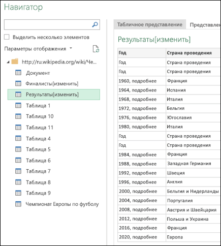 > Power Query из представления таблицы веб-навигатора >