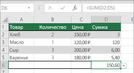 Пример функции СУММ с именованным диапазоном
