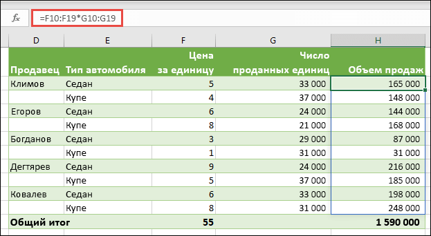 Функция массива с несколькими ячейками в ячейке H10 =F10:F19*G10:G19 для вычисления количества машин, проданных по цене за единицу