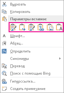 Группа из пяти параметров вставки диаграмм Excel в Word