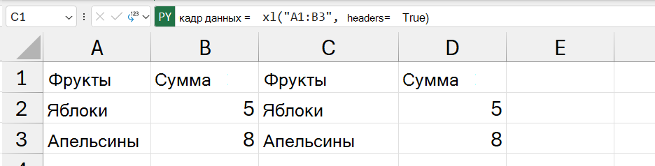 Содержимое DataFrame, возвращаемое в виде значений Excel.