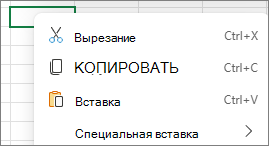 Снимок экрана: щелчок правой кнопкой мыши для отображения специальных команд вырезания, копирования, вставки и вставки.