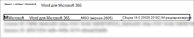 Снимок экрана, на котором показана версия, сборка и разрядная версия Word.