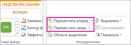Команды ''Переместить вперед'' и ''Переместить назад'' на вкладке ''Средства рисования''